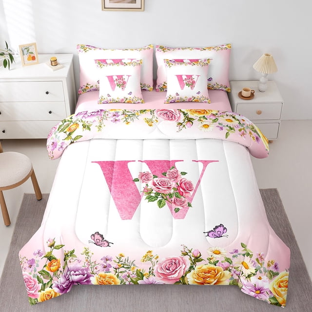 Erosebridal Literie Monogrammée Format Grand, Ensemble de Lit Personnalisé avec Initiale Format Grand, Décoration avec Lettre, Réversible, Léger, 7 Pcs