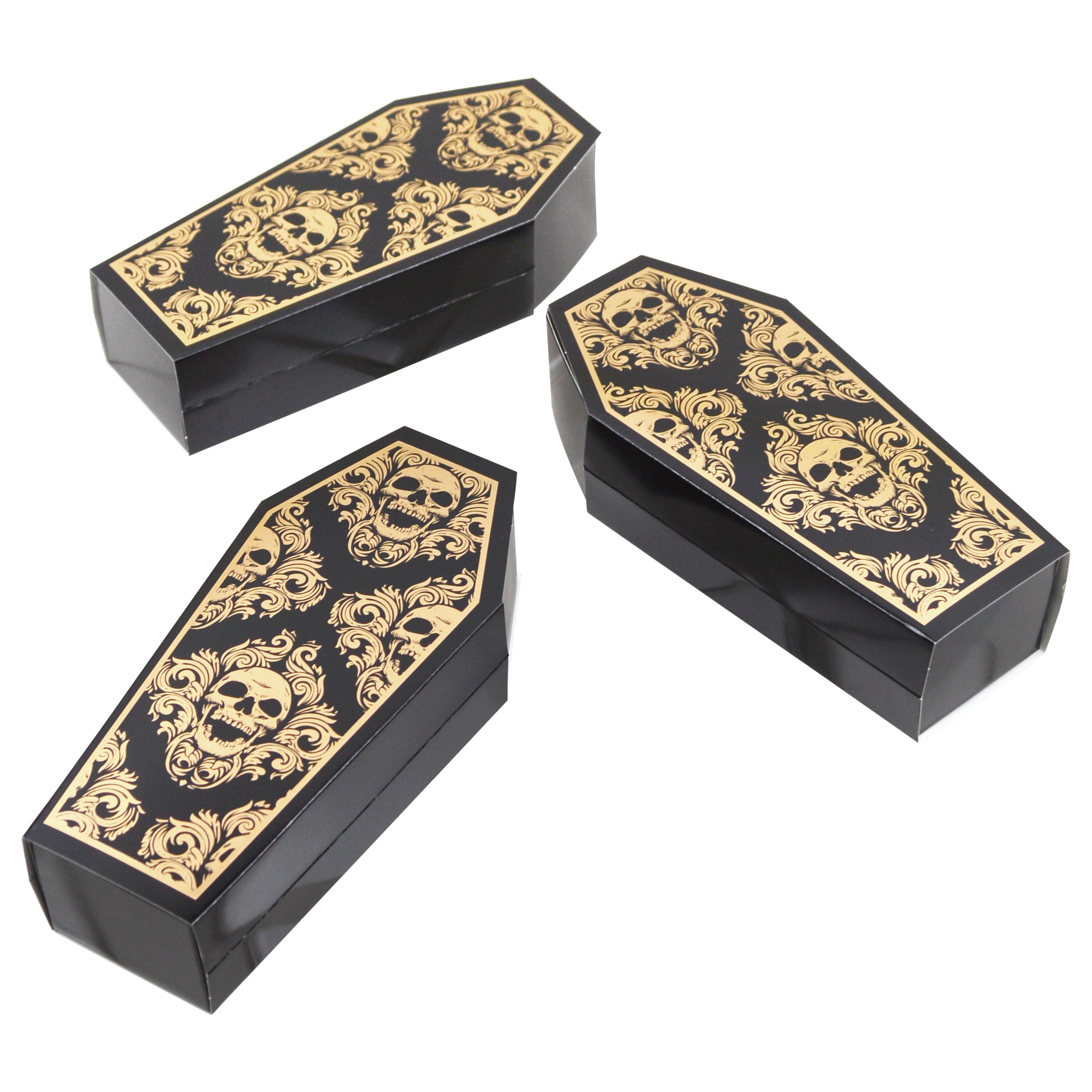 Halloween Black and Gold Paper Coffin Boxes Decoration, 3.25" x 1.75" x 7" H, 3 Count, Way To Celebrate