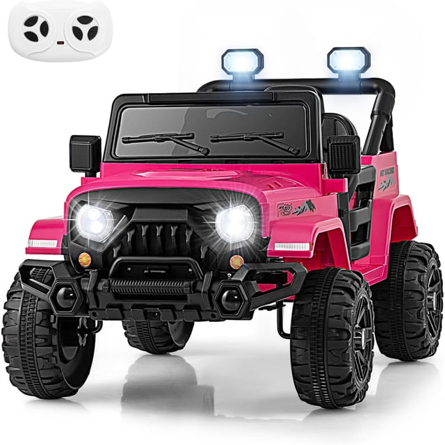 OLAKIDS Ride on Truck, 12V Battery Powered Electric Vehicle for Kids in a vibrant pink color with realistic Jeep-inspired design. Features include bright LED headlights, double-lock doors, and a rotating steering wheel. The vehicle is equipped with Bluetooth, MP3, USB, and built-in music for entertainment. It comes with a remote control for parental operation, ensuring safety with a 2-point seat belt and soft start function. Suitable for children aged 3 to 8 years, with a weight capacity of 66 lbs. The ride-on toy is shown with rugged wear-resistant wheels, ideal for various terrains, and includes a power display. Remote control is displayed alongside the vehicle.