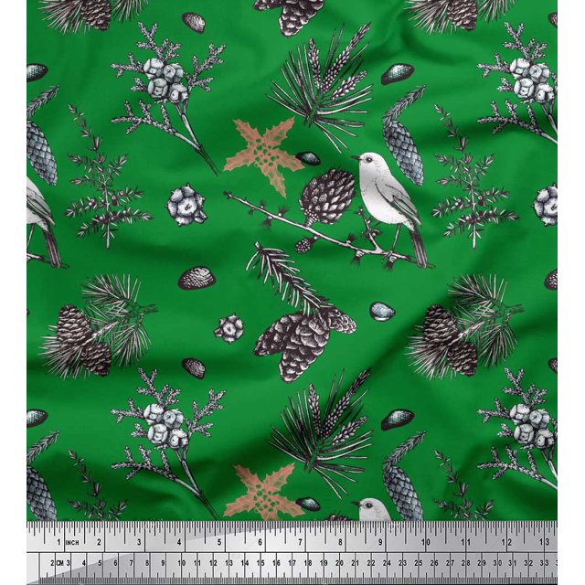 Soimoi Green polyester Georgette Fabric Floral, & American Robin Bird Print Fabric by The Yard 52 Inch Wide