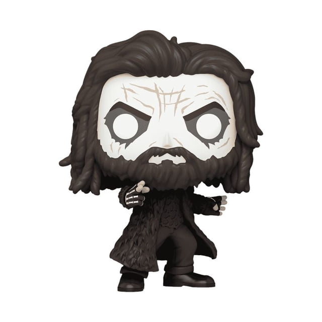 Funko Pop! Rocks: Rob Zombie - Rob Zombie (Dragula) Vinyl Figure showing a stylized vinyl figure with a large white-painted head featuring black eye accents and wrinkles, long dark hair and beard, wearing a textured black coat, black pants, and black shoes, posed with one hand extended forward, suitable for collectors of vinyl figures and action figures.