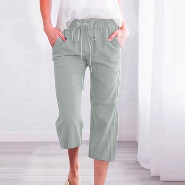 Meichang Pantalon Capri pour Femmes en Coton et Lin Décontracté d'Été Droit à Jambe Grand Pantalon Ample à Cordon Taille Élastique Pantalon Court