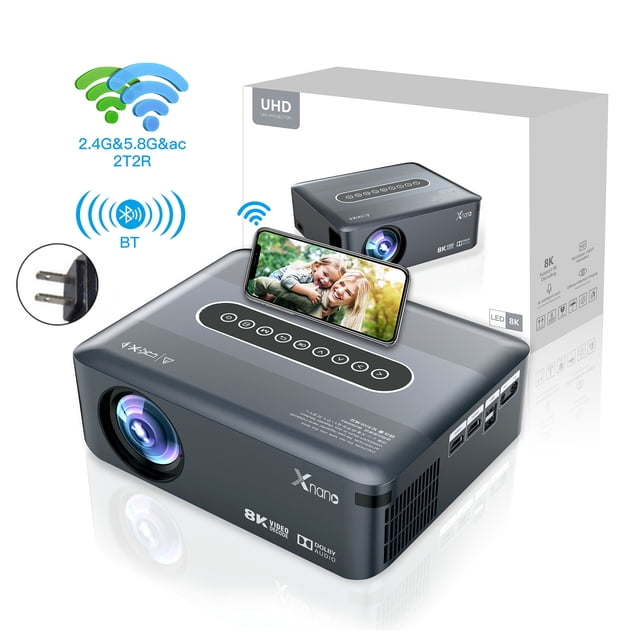 Décodage Projection Ultra HD 8K 1080p Projecteur de Films Android par MotorGenic, Idéal pour les Installations de Cinéma Maison, avec Entrées HDMI, USB et AV. le Projecteur Prend en Charge la Projection d'Écran Sans Fil, la Connectivité Bluetooth et le Décodage Vidéo 8K. un Téléphone Intelligent s'Affiche sur le Projecteur, Soulignant Sa Compatibilité Multimédia. l'Emballage Met en Valeur Sa Technologie UHD LED, le Système Android 9.0 et un design portable.