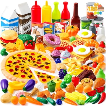 Joyfy 135 Pcs Play Food Set for Kids Kitchen, Pretend Play Toys for Kids Toddlers, Kitchen Accessories Fake Food Toy, Party Favor Christmas Stocking Stuffers