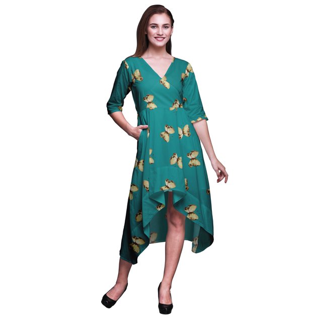 Bimba Robe Droite Asymétrique en Coton Verte à Papillons et Papillons Imprimés pour Femmes avec Poches, Décontractée, Mi-Longue - Grand