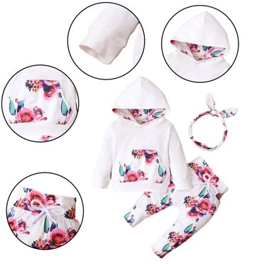 KYAIGUO Infant Baby Girls Hooded Sweatsuit Set , 2PCS Girls Fleece Outfits Toddler Sweatshirt Pants Outfits Set Pullover Workout Clothes Baby Crushed Flower Sweatshirt for Winter Autumn