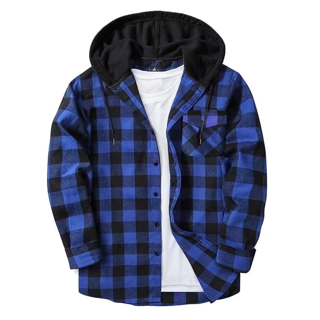 aohooy Flannel Jacket for Men with Hood - Trendy Casual Button Down Plaid Long Sleeve Fall Jackets Shacket with Pockets Blue,L