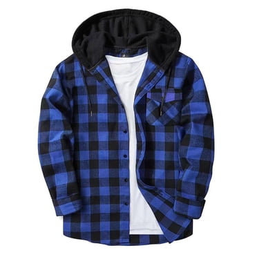 aohooy Men's Flannel Hoodie Shirts Lightweight Button Down Plaid Shirt Jackets Fall Long Sleeve Stylish Hooded with Pocket 2025 Blue,S