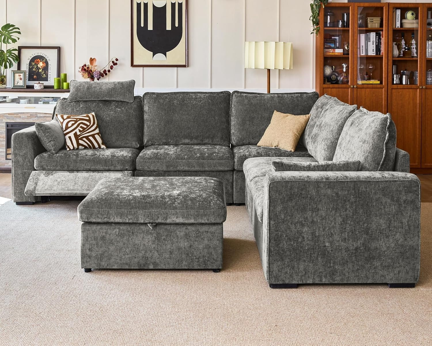 BEDEEP Canapé Inclinable Électrique 120 Pieds' avec Console d'Appui-tête, Canapé Sectionnel en Chenille Moduar Cloud avec Rangement Ottoman Chaise Longue, Canapé Convertible 6 Places pour Salon RV, Gris