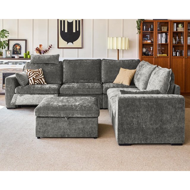 BEDEEP Canapé Inclinable Électrique 120 Pieds' avec Console d'Appui-tête, Canapé Sectionnel en Chenille Moduar Cloud avec Rangement Ottoman Chaise Longue, Canapé Convertible 6 Places pour Salon RV, Gris