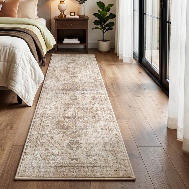 Exenoray Washable Bohemian Rug, Non-Slip Low Pile Printed Carpet, Faux Cashmere Surface, Coffee Brown 2*10