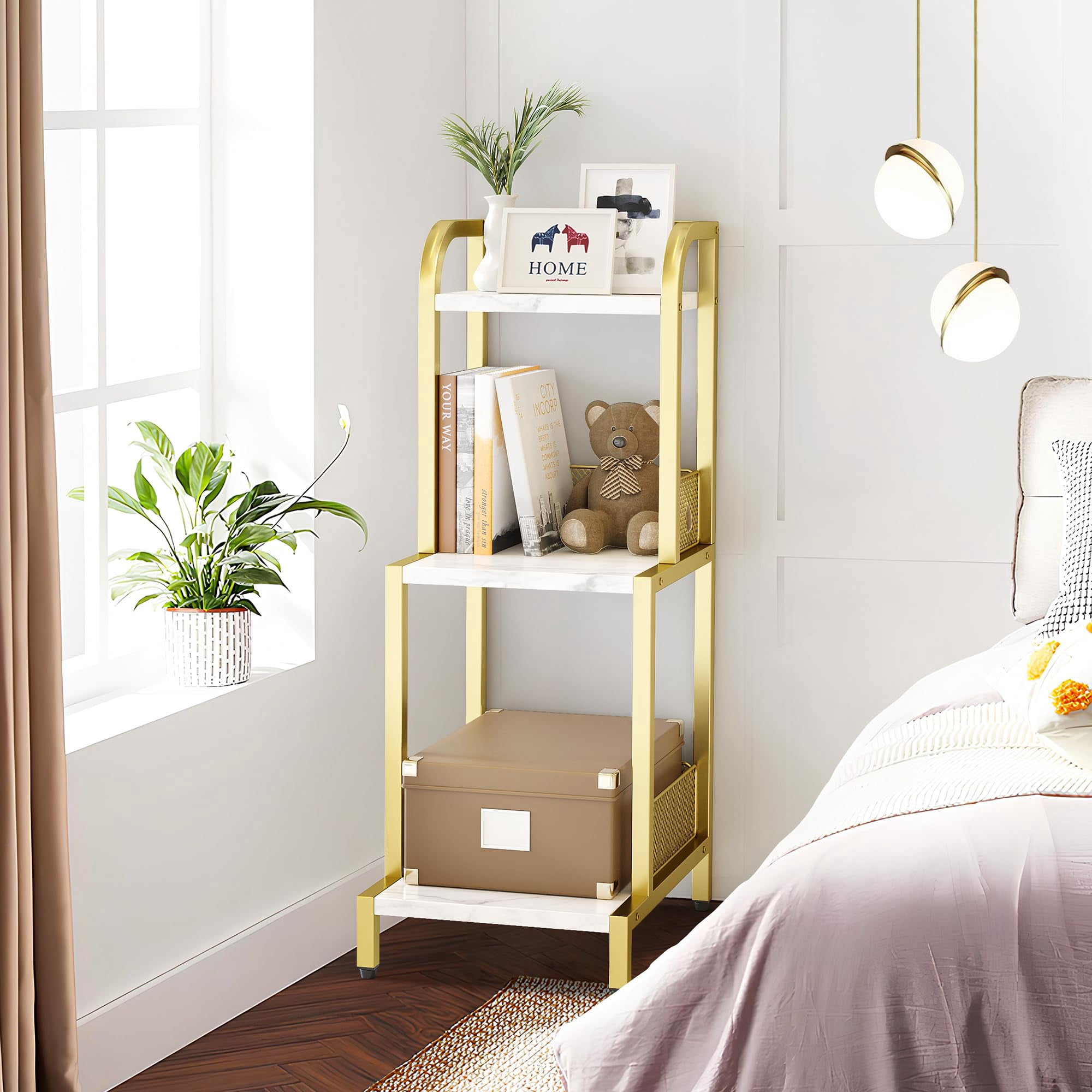 QinaQin Small Bookcase, 3-Tier Gold Ladder Shelf, Slim Shelving Unit in White and Gold