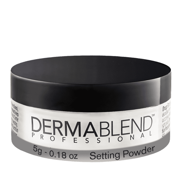 Dermablend Loose Setting Powder, Translucent, Travel Size 0.18oz. A travel-friendly compact container with a black lid and white base featuring the Dermablend Professional logo. Perfect for mattifying and setting makeup with smudge-resistant, long-lasting wear.