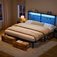 thumbnail image 2 of GUNAITO King Bed Frame with 48.8 " High Storage Headboard and 2 Drawers, Metal Platform Bed with LED & Charging Station, Rustic Brown, 2 of 10