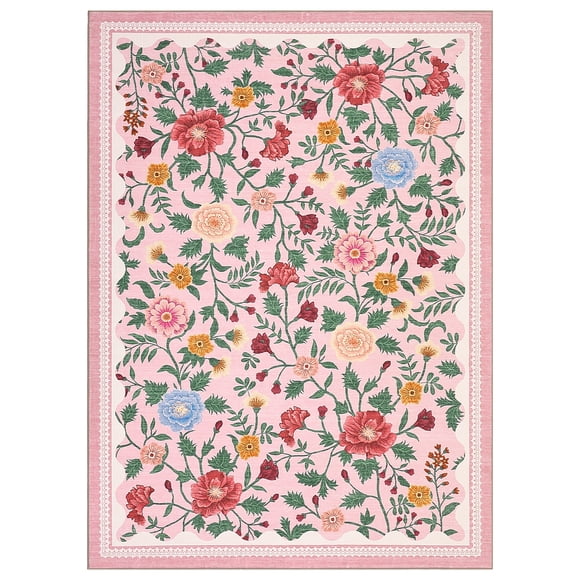 Ultra Soft Floral Area Rug – Washable, Non-Slip, Low Pile Carpet, mark Resistant & Non-Shedding, Modern Farmhouse Decor for Living Room, Bedroom, Nursery, Girls Room – Pink, 9x12ft (274x366cm), USA