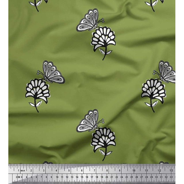 Soimoi Green Velvet Fabric Floral & Insect Decor Fabric Printed BTY 58 Inch Wide