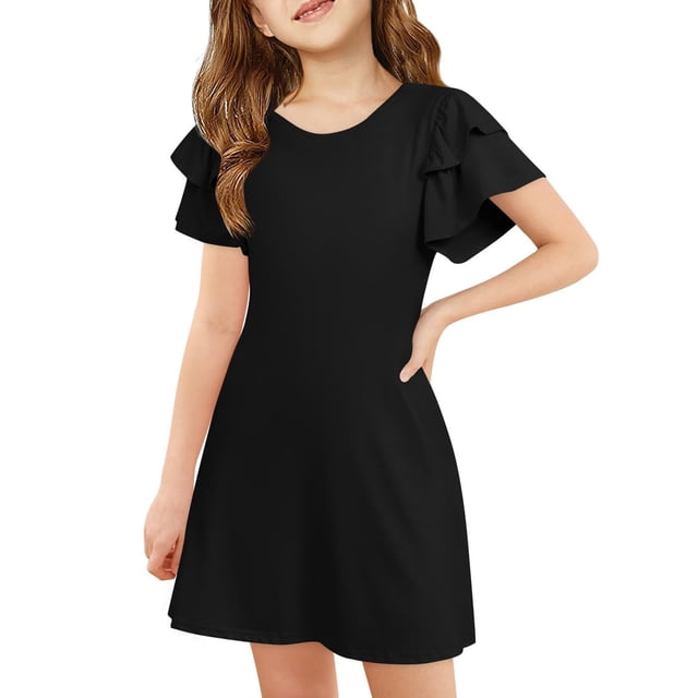 Robe d'Été pour Filles, Robe Trapèze pour Fille, Robe à Manches Courtes Noire, Longues Robes pour Filles