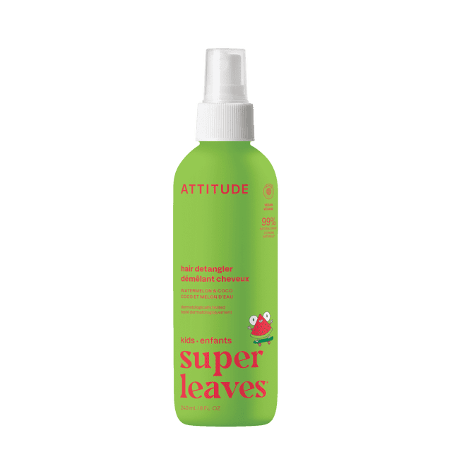 Attitude Hair Detangler Watermelon & Coco 240ml leave-in detangler spray for kids with watermelon and coco scent and beetroot extract; natural, hypoallergenic formula to tame knots and tangles for easier comb-through without tears.