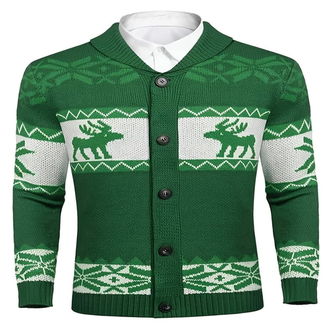 Men‘s Christmas Cardigans Ugly Sweaters Reindeer Snowflake Shawl Collar Knitted Cardigan Sweater