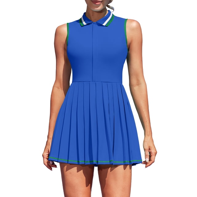 Charmo Robe de Tennis à Fermeture Éclair pour Femmes, Robe Polo d'Entraînement de Golf, Robe Plissée avec Shorts et Poches. Cette Robe Bleue Sans Manches Présente une Encolure Polo, une Jupe Trapèze Plissée et une Demi-Fermeture Éclair à l'Avant. Fabriquée en 93 % polyester et 7 % Élasthanne, Elle Est Légère, Évacue l'Humidité et Élastique pour le Confort Lors d'Activités comme le Tennis, le Golf Ou la Course. Comprend des Shorts Séparés Taille Haute avec Deux Poches Cachées pour des Essentiels comme des Clés Ou un Téléphone. des Coussinets Amovibles Intégrés Offrent