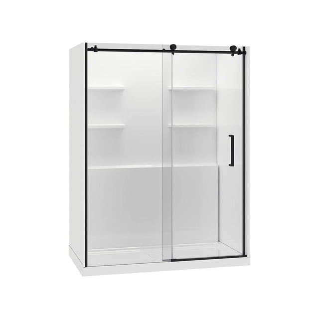 A&E Bath and Shower PFANNR-3060-BLK Douche avec Portes Coulissantes en Verre Trempé Transparent de 8 mm dans un Cadre en Aluminium Noir, Murs en Acrylique Blancs avec Tablettes Intégrées, et une base à Entrée Piétonne Conçue pour la Rénovation de Salle de Bain et un Entretien Facile.