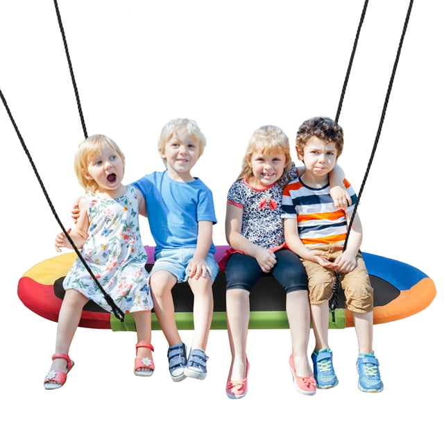 Gymax 60'' Saucer Tree Swing Surf Outdoor Adjustable Kids Giant Oval Platform Swing Set in colorful design featuring blue, purple, yellow, red, orange, and green. Made with durable steel frame and 600D oxford fabric, it has a weight capacity of 700lbs and adjustable rope height from 40'' to 63''. Ideal for outdoor play, swing set parts, and creating a relaxing spot for kids to play, read, or listen to music.