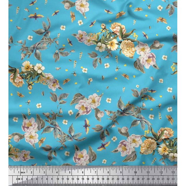 Soimoi polyester Crepe Fabric Leaves,Moth & Magnolia Floral Printed Fabric 1 Yard 52 Inch Wide