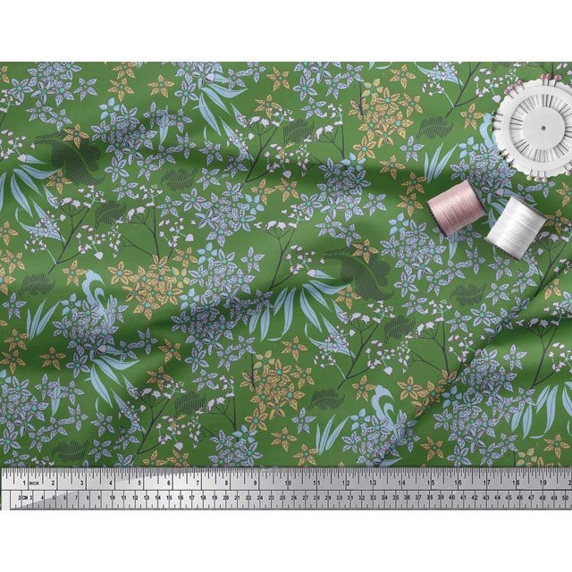 Soimoi Tissu Satin Modal Vert Feuilles & Floral Imprimé à la Main 1 Yard 42 Pouces de Large