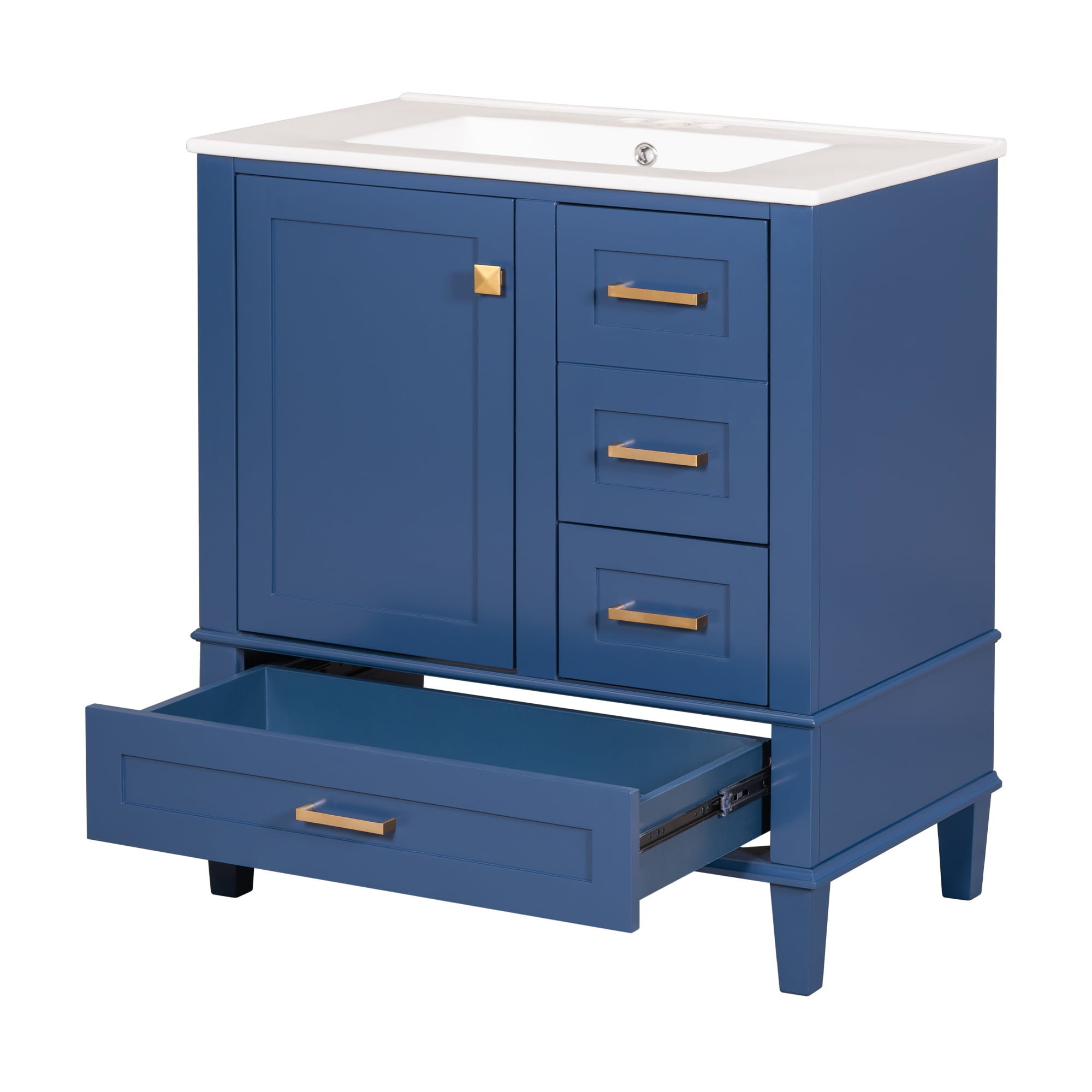 Homy Casa 30 Inch Modern Blue Bathroom Vanity Cabinet Set with Ceramic Basin, Solid Wood Frame, Soft-Close Door & Drawers