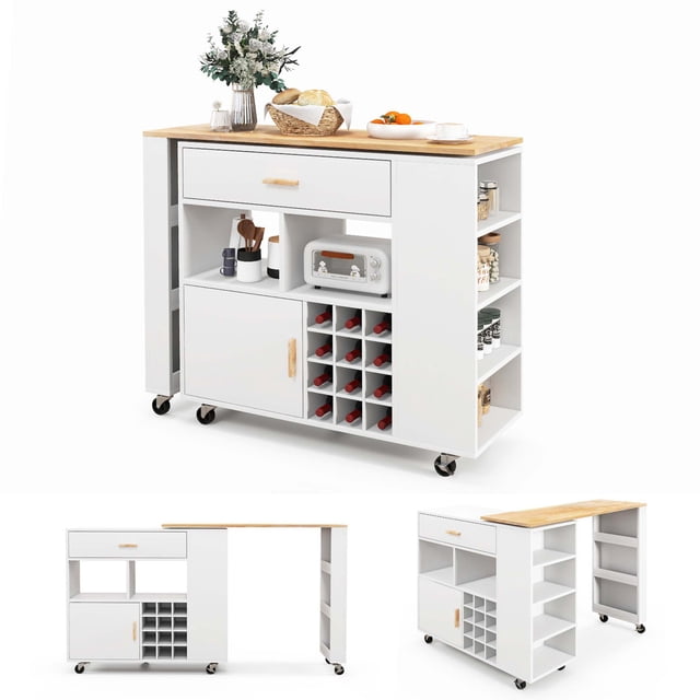Costway Reversible Folding Kitchen Island Cart Utility Storage Trolley Wine Rack Shelves