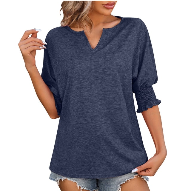 Penkiiy T-Shirts à Manches Courtes pour Femmes Col en V Bouffant Tunique Décontractée Habillée Tendance m Marine