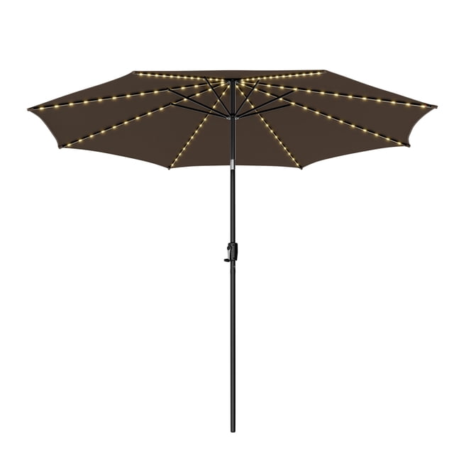 Costway Parasol de Marché pour Patio de 10 Pi à 112 DEL avec Éclairage Solaire, Couleur Café, avec Mécanisme d'Inclinaison à Manivelle. le Parasol Présente une Auvent de 10 Pi de Diamètre en Tissu polyester durable, Offrant une protection Solaire et une Isolation Thermique. Il Comprend des Lumières DEL à Énergie Solaire de 112 sur les Baleines, Créant une ambiance Chaleureuse pour les Environnements Extérieurs. le Parasol a une Tête Ventilée pour la Circulation d'Air, un angle d'Inclinaison Réglable de 0° à 30°, et une Poignée de Levage à Manivelle pour