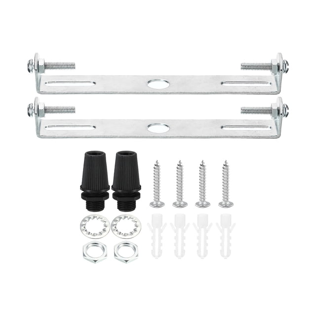 Unique Bargains 115mm Ceiling Light Plate Kit Light Fixture Mounting Bracket Plate Steel Crossbar for Pendant Wall Light 2 Set. The kit includes two carbon steel plates with zinc plating for rust resistance, screws, nuts, and cable gland kits. Designed for secure installation of pendant lamps, chandeliers, wall lamps, and more, with a weight capacity of up to 22 lbs. The plates measure 115x18x16mm and feature a 10mm center hole. Includes expansion tubes and screws for easy setup.