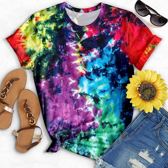Meichang T-Shirts Néon pour Femmes T-shirt Graphique à Manches Courtes T-shirt Ample à Col Rond Hauts T-shirt d'Été Mode Teinture sur Nœuds T-Shirts 2024