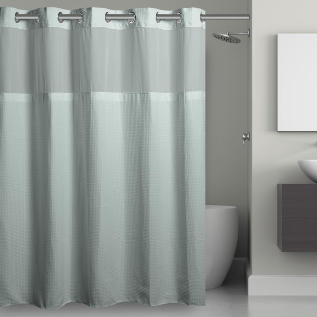 Hookless Its A Snap! Waffle Shower Curtain 3-in-1 Shower Curtain Includes Fabric Shower Curtain with Sheer Top Window Flex-On Rings & Fabric Liner 54 x 80 Misty Blue