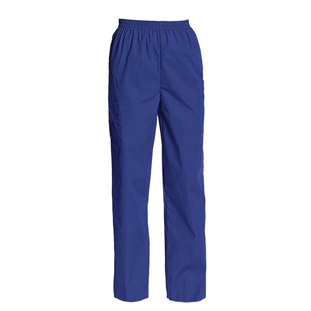 Women's Full Elastic Waist Cargo Scrub Pants in a vibrant blue colour, featuring a classic fit with an elastic waistband. Designed with two spacious cargo pockets, a cell phone pocket, and an outside scissor pocket for utility. These machine-washable scrub bottoms are ideal for workwear, offering comfort and practicality.