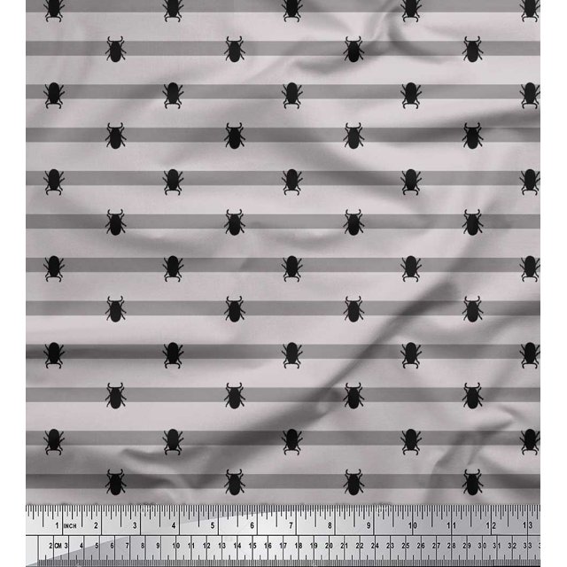 Soimoi Tissu en Popeline de Coton Gris Imprimé Rayures & Coléoptères Insectes 1 Yard 56 Pouces de Large