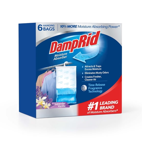 DampRid Lavender Vanilla Hanging Moisture Absorber, 15.4 oz., 6 Pack - helps reduce Musty Odors for Fresher, Cleaner Air, Ideal Moisture Absorbers for Closet, 10% More M