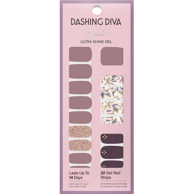 DASHING DIVA - GLOSS - ALPINE RETREA gel nail strips set featuring 32 ultra shine gel strips in mauve, glitter, floral pattern, and dark plum with gold accents, designed for chip-resistant, salon-strength manicure lasting up to 14 days, easy to apply and remove, also suitable for quick nail art designs.
