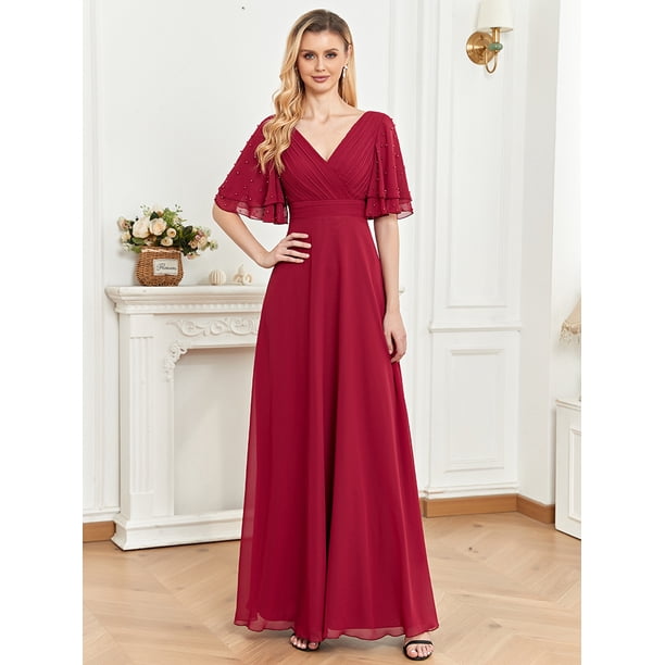 a line dresses near me V Neck Formal Women's Wedding Dress Wedding Guest Dresses For Women Party Dress Women's Evening Dress Flared Sleeve Chiffon A- Dress V-neck Wine Bridesmaid Dress Color:NUDE GOLD company-event formal a-line dress Silquee Women's White Floral