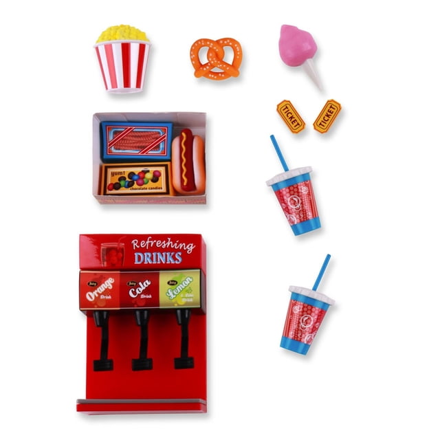 My Life As Movie Theater Playset with red and white striped popcorn container, orange pretzel, pink cotton candy on a stick, two orange movie tickets, snack box holding hot dog, candy box, and chocolate candies, two red and blue soda cups with straws, and a red soda dispenser offering orange, cola, and lemon drinks, suitable for doll movie snack role play.