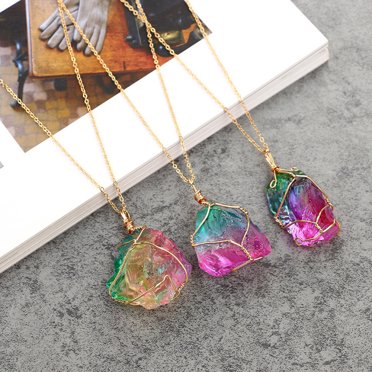 SIfdSeng Rainbow Stone Natural Rock Necklace Gold Plated Quartz Pendant
