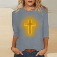 thumbnail image 2 of RKSTN Hauts pour Femmes Mode Décontractée Imprimé Crucifix Col Rond Manches 3/4 T-Shirt Couleur Unie Ajusté Blouse Printemps Été, 2 of 4