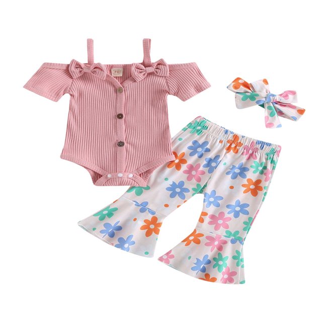 3PCS Toddler Girl Short Sleeve Romper Rib Knit Button Bodysuit Flare Pants Clothes