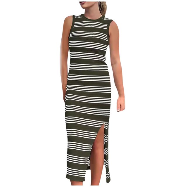 Pisexur Robes pour Femmes Mode Tricot Coton Lin Robes Respirantes Sans Manches Col Rond Robe Maxi Vintage à Rayures Fendue Robes Débardeur Été Décontracté Ajusté Élégant Robe Longue