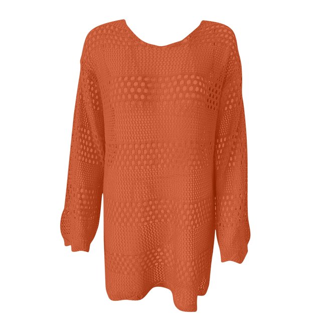 cfhntfmh Robes de Plage pour Femmes Été Mode Ajourée Couvre-Maillot U.S Douce à Manches Longues Col Ras du Cou Robe Mini Tricotée