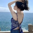 thumbnail image 2 of Women‘s Retro Print Irregular Tank Tops Summer Bow Backless Slim Camisole Vest, 2 of 5