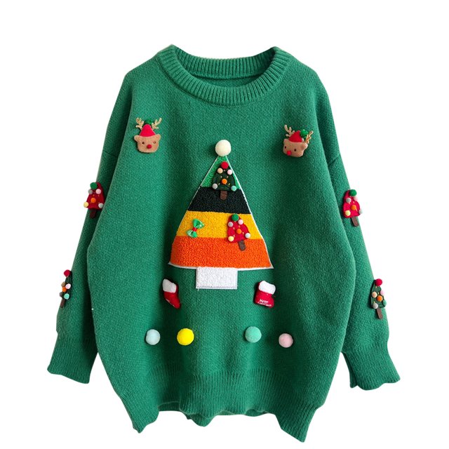 TIMIFIS Chandails de Noël Laids pour Femmes Automne Manches Longues Mignon Renne Arbre de Noël Imprimé Col Rond Hauts Chandail Décontracté Hiver Extensible Chandail Tricoté