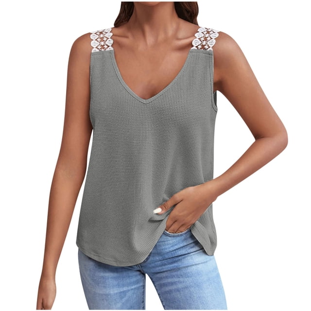 Birdeem Mode Femmes Décontracté Col en V Sans Manches Dentelle T-Shirt Uni Blouse