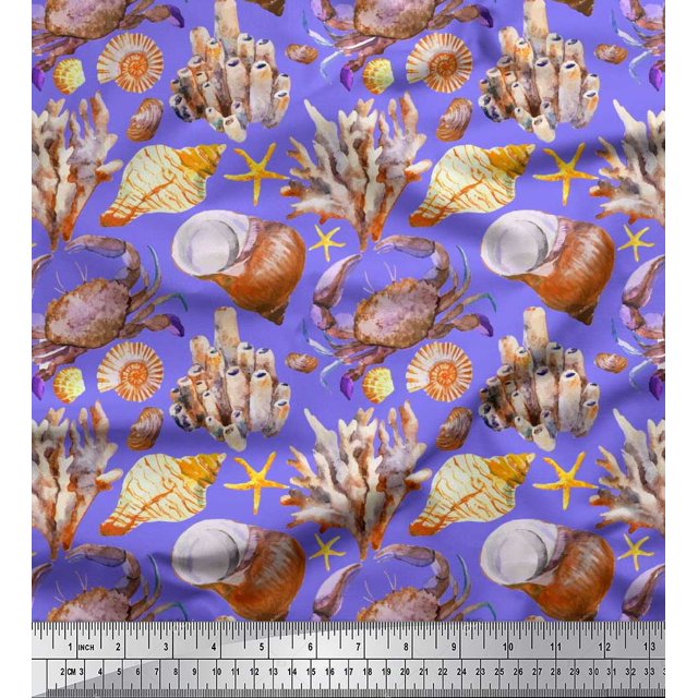 Soimoi Purple polyester Crepe Fabric Crab,Shell & Coral Ocean Print Fabric by Yard 52 Inch Wide
